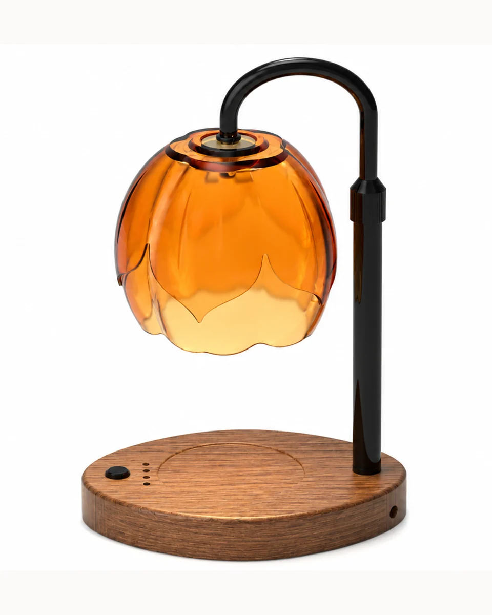 Unlit candle warmer showing the amber glass shade, black support arm, and walnut-finish base against a light studio background.