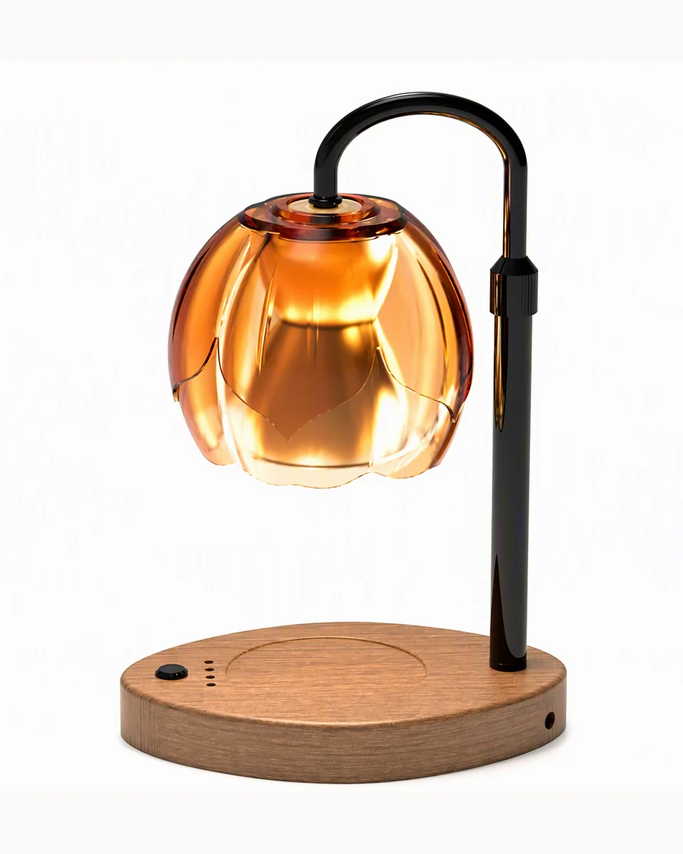 Lit candle warmer with an amber glass shade, curved black arm, and round walnut-finish base.