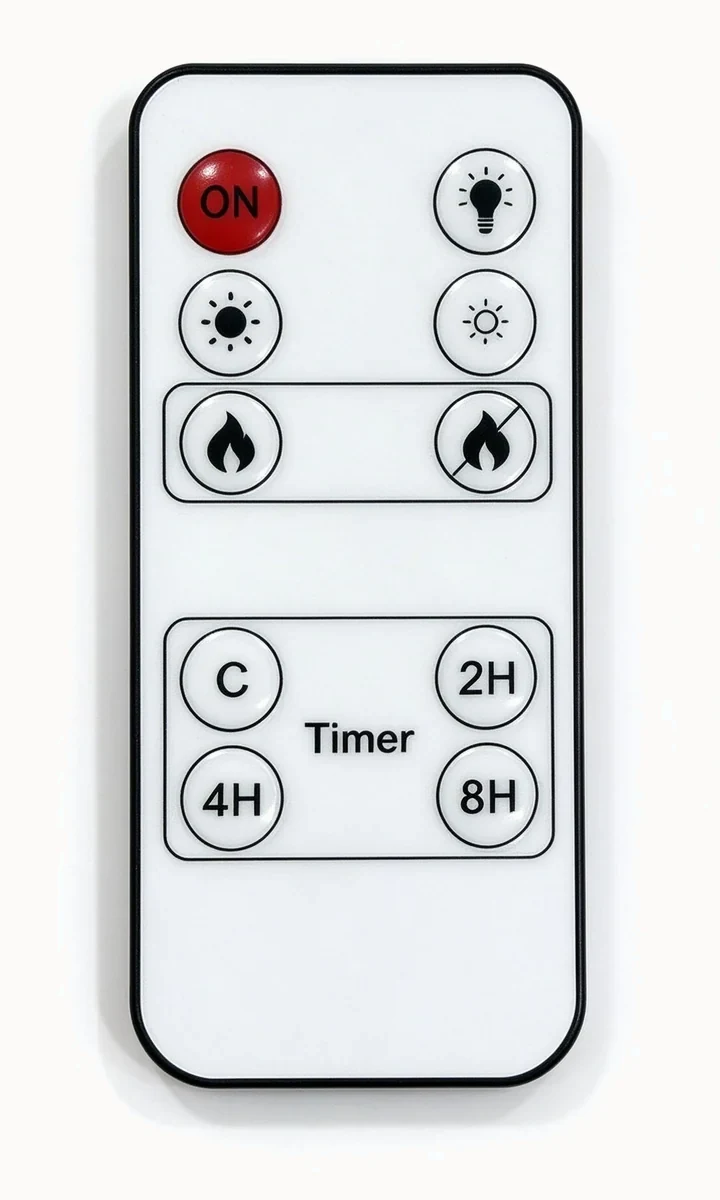 Front view of the included white remote with light, heat, brightness, and 2, 4, and 8 hour timer controls.